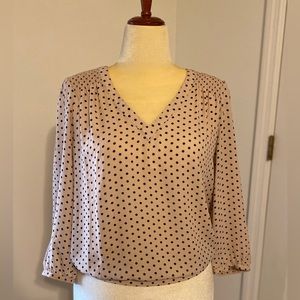 Black Rainn Lt Pink Black Polka Dot Chiffon Top Blouse Ruche MED V-Neck Peasant